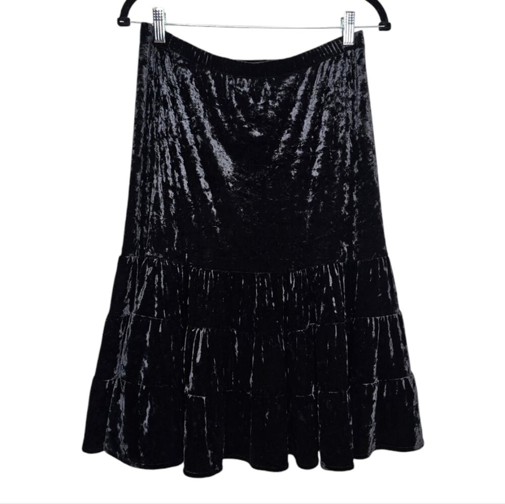 New York & Company Black Crushed Velvet Tier Ruffled Skirt Small